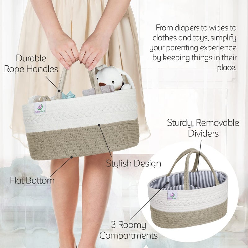 KiddyCare Woven Diaper Caddy Organizer, Large Gray Multi Functional Portable Baby Basket with Handle, Baby Gift for Boy/Girl Nursery Storage, Organization, and Modern Car Diaper Caddy Natural X-Large - Image 4